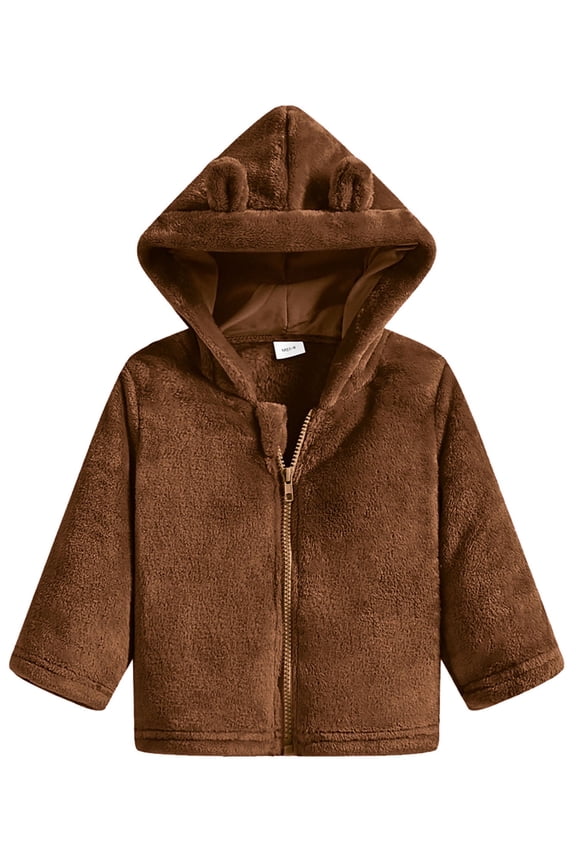 Baby Girls Fleece Jacket Zipper up Hooded Jacket Coat with Cute Ears Hat,Brown,9-12Months