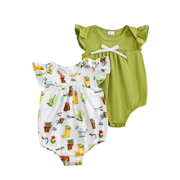 Actgleam Baby Girls Summer Sleeveless Romper Cotton Cute Print Pattern Infant Bodysuits,Light Green,2 pieces,3-6 months