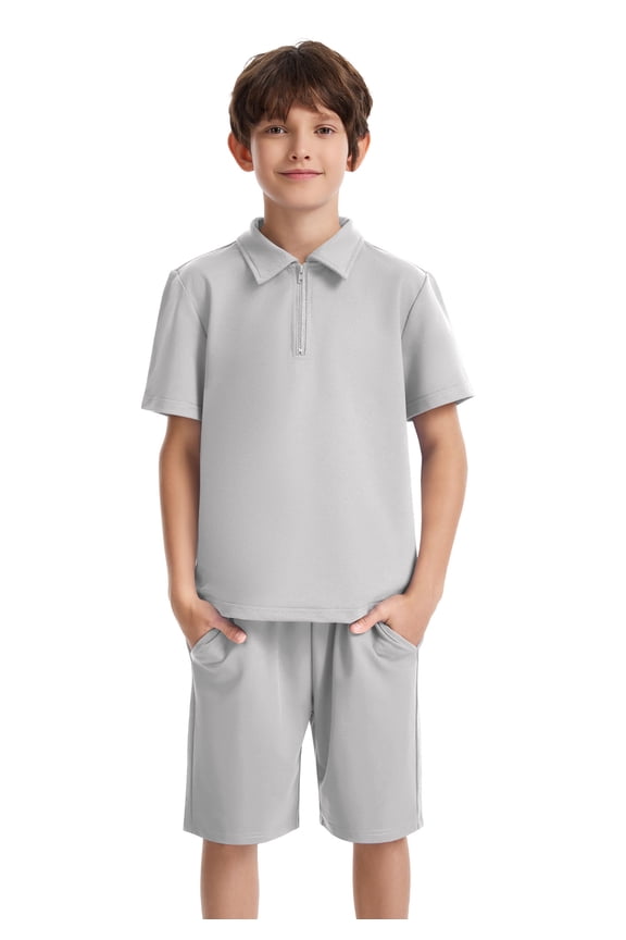 Boys 2-Piece Athletic Polo Set Quarter Zip Shirt and Elastic Waist Shorts with Pockets,Grey,10-11Y