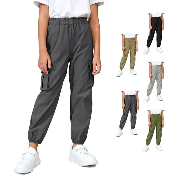 Actgleam Boys Girls Cargo Pants with Pockets Elastic Waist Joggers Trousers for Kids,Dark Gray,8-9Years