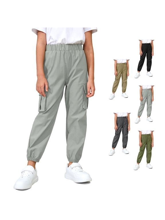 Boys Girls Cargo Pants with Pockets Elastic Waist Joggers Trousers for Kids,Gray,8-9Years