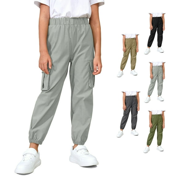 Actgleam Boys Girls Cargo Pants with Pockets Elastic Waist Joggers Trousers for Kids,Gray,9-10Years