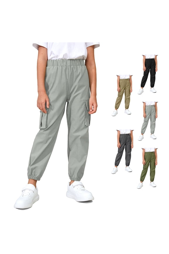 Boys Girls Cargo Pants with Pockets Elastic Waist Joggers Trousers for Kids,Gray,9-10Years