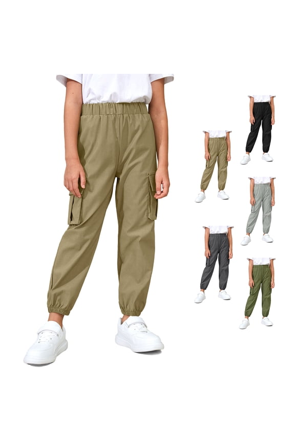 Boys Girls Cargo Pants with Pockets Elastic Waist Joggers Trousers for Kids,Khaki,11-12Years