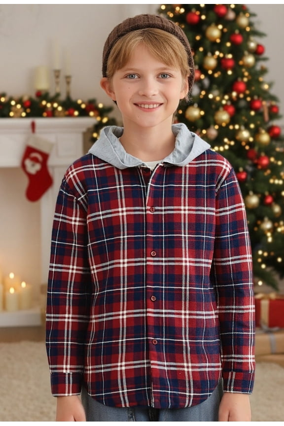 Boys Girls Christmas Plaid Shirts Long Sleeve Button Down Hooded Plaid Top Blouse 8Years,Red
