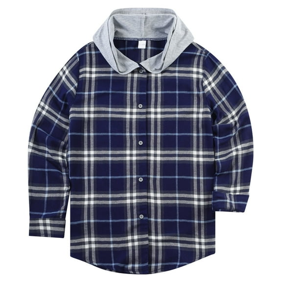 Actgleam Boys Girls Plaid Shirts Long Sleeve Button Down Hooded Plaid Top Outfits 5-12Years,Blue