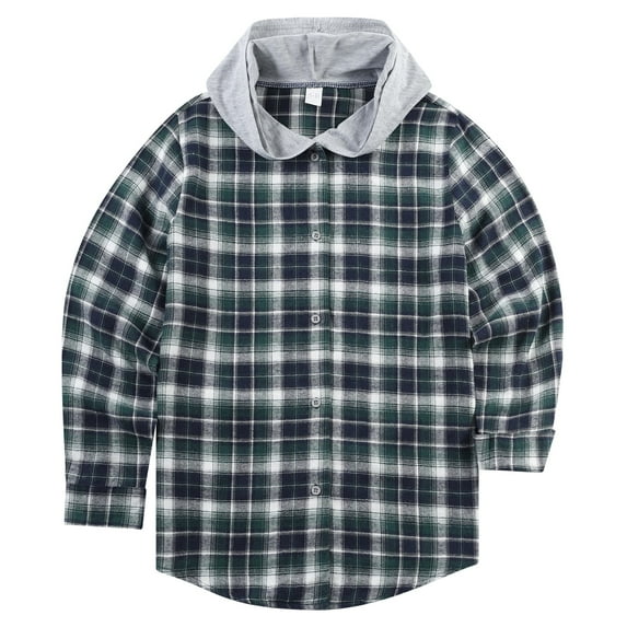 Actgleam Boys Girls Plaid Shirts Long Sleeve Button Down Hooded Plaid Top Outfits 5-12Years,Green