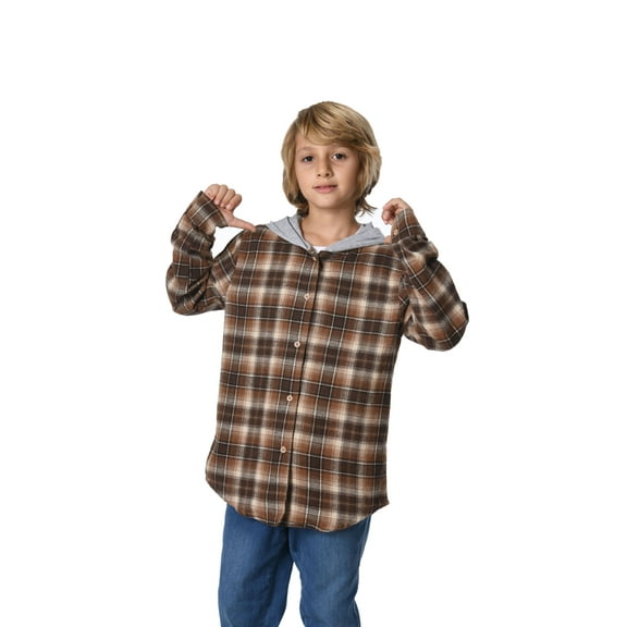 Actgleam Boys Girls Plaid Shirts Long Sleeve Button Down Hooded Plaid Top Outfits 11Years,Khaki