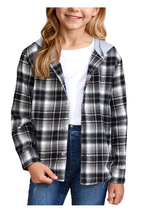 Boys Girls Plaid Shirts Long Sleeve Button Down Hooded Plaid Top Outfits 5-12Years,Grey