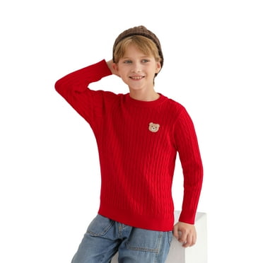 Actgleam Boys Sweaters Crew Neck Long Sleeve Knit Pullover Sweater for Kids,Red,11-12Years