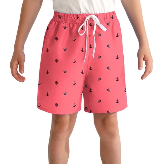 Actgleam Boys Swim Trunks Swim Shorts with Compression Liner Bathing Suit Swimsuit for 7 Year,Pink Anchor