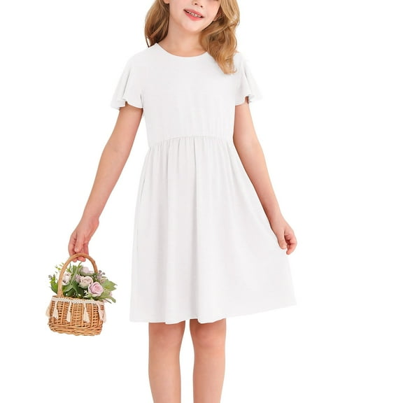 Actgleam Girl's Ruffle Sleeve Summer Dress A-Line Casual Swing Cute Dresses with 2 Pockets for Kids,8-9Years