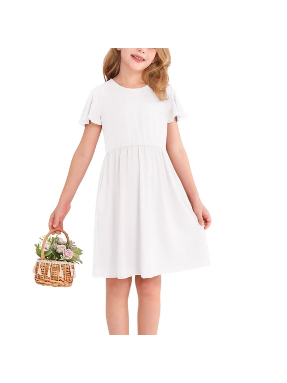 Girl's Ruffle Sleeve Summer Dress A-Line Casual Swing Cute Dresses with 2 Pockets for Kids,8-9Years