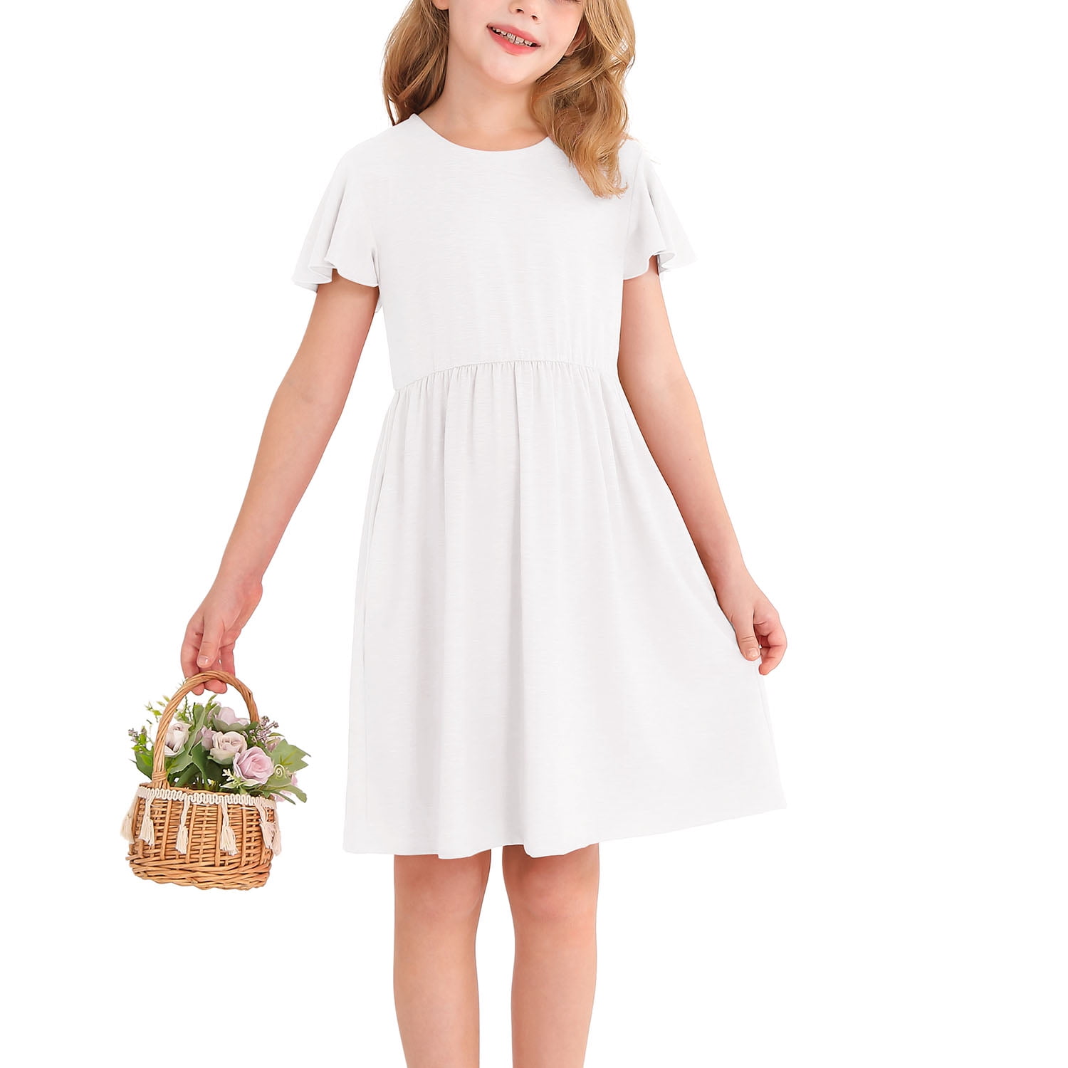 Walmart discount codes: Actgleam Girl's Ruffle Sleeve Summer Dress A-Line Casual Swing Cute Dresses with 2 Pockets for Kids,8-9Years
