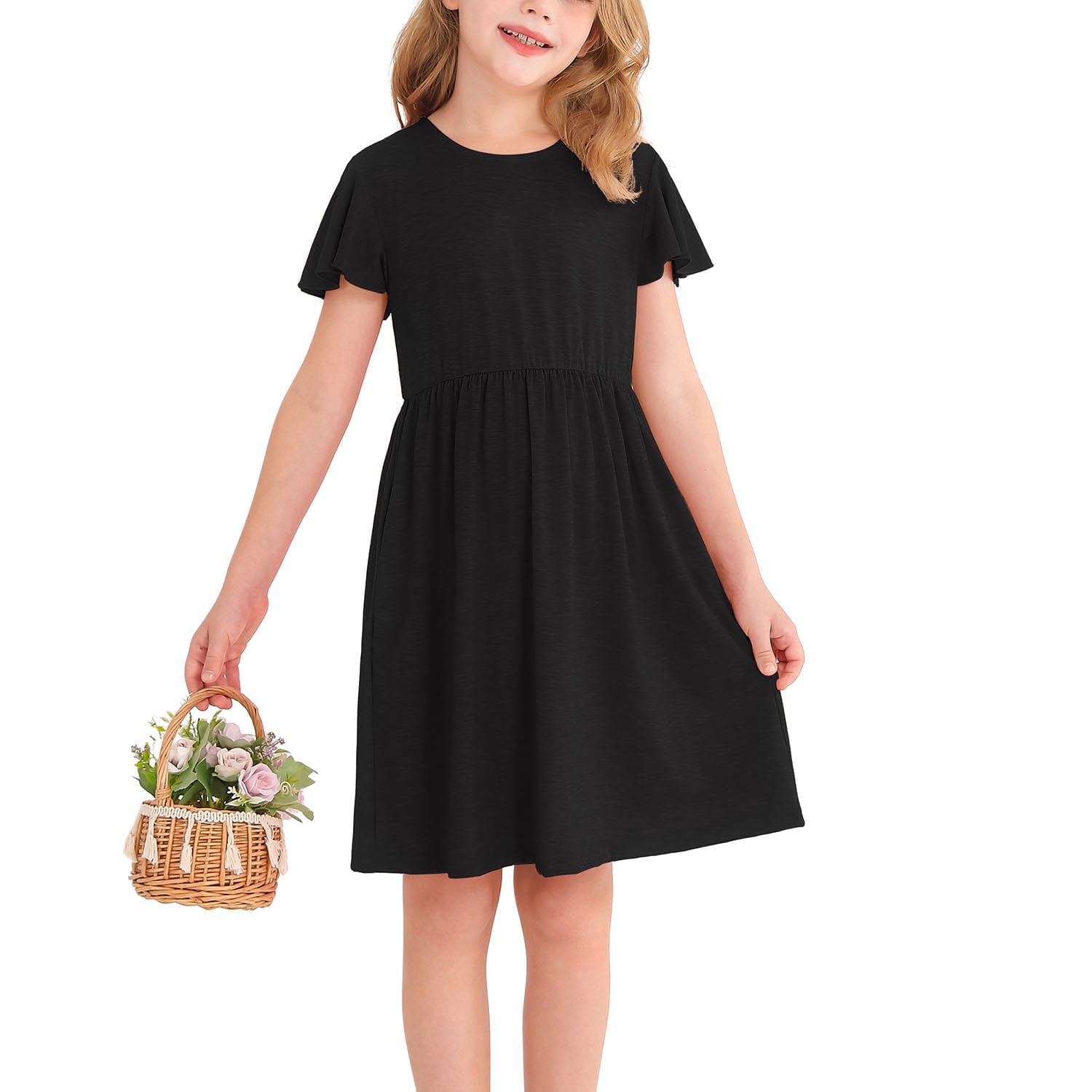 Walmart Deals of Actgleam Girl's Ruffle Sleeve Summer Dress A-Line Casual Swing Cute Dresses with 2 Pockets for Kids,Black,9-10Years