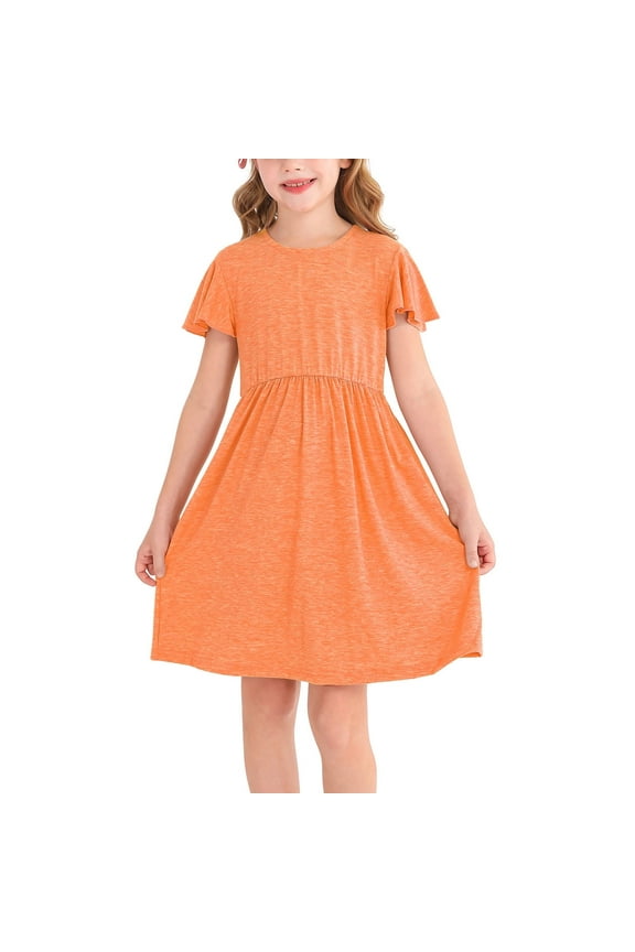 Girl's Ruffle Sleeve Summer Dress A-Line Casual Swing Cute Dresses with 2 Pockets for Kids,Orange,11-12Years