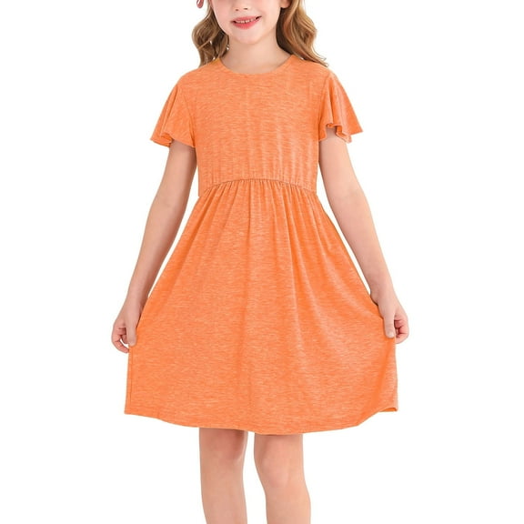 Actgleam Girl's Ruffle Sleeve Summer Dress A-Line Casual Swing Cute Dresses with 2 Pockets for Kids,Orange,11-12Years