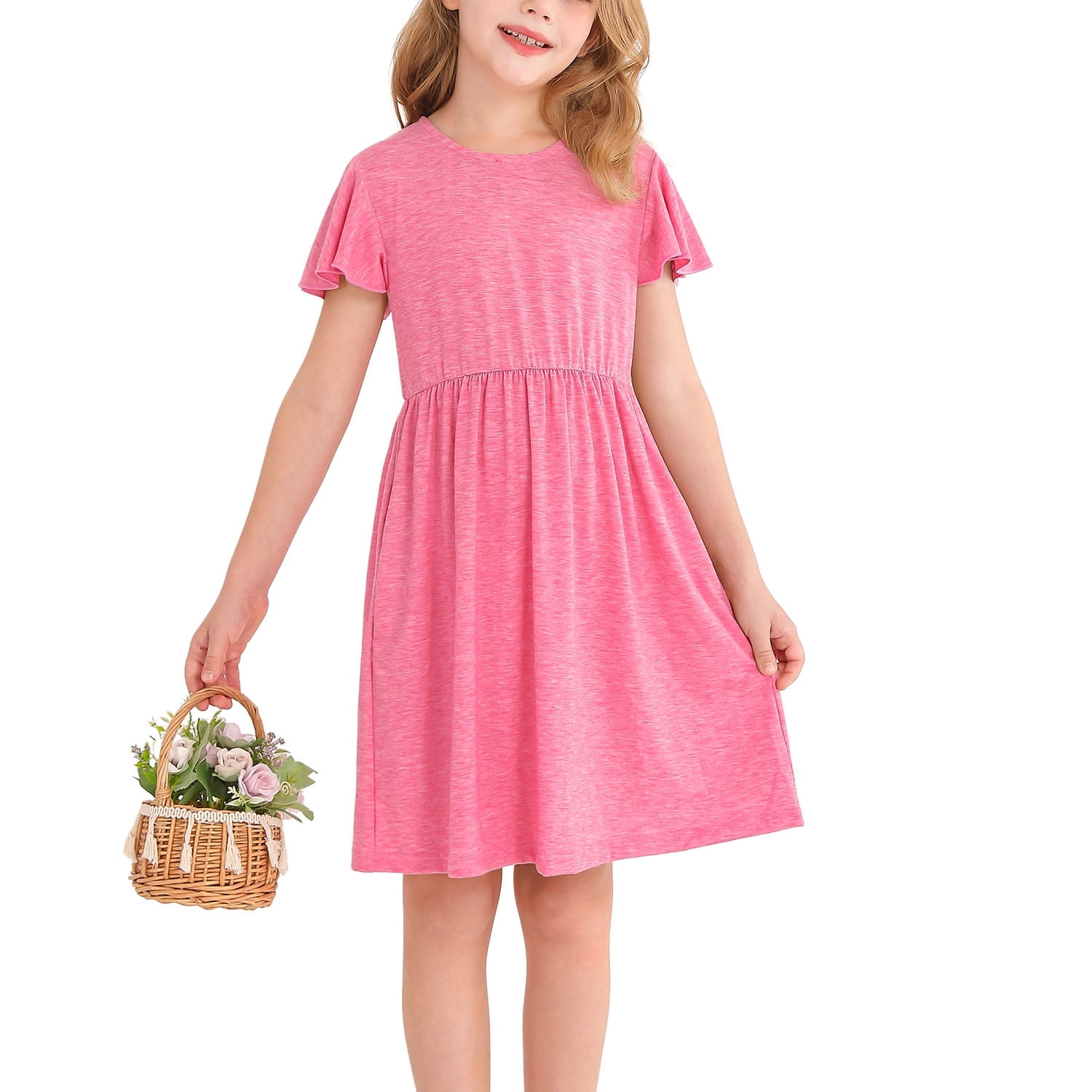 Actgleam Girl's Ruffle Sleeve Summer Dress A-Line Casual Swing Cute Dresses with 2 Pockets for Kids,Red,9-10Years