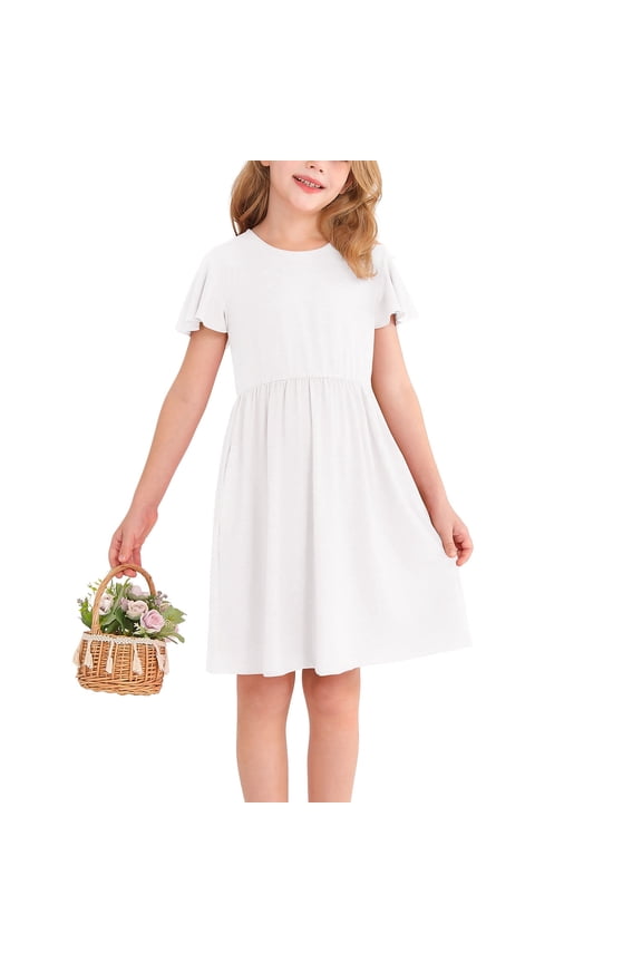 Girl's Ruffle Sleeve Summer Dress A-Line Casual Swing Cute Dresses with 2 Pockets for Kids,White,9-10Years