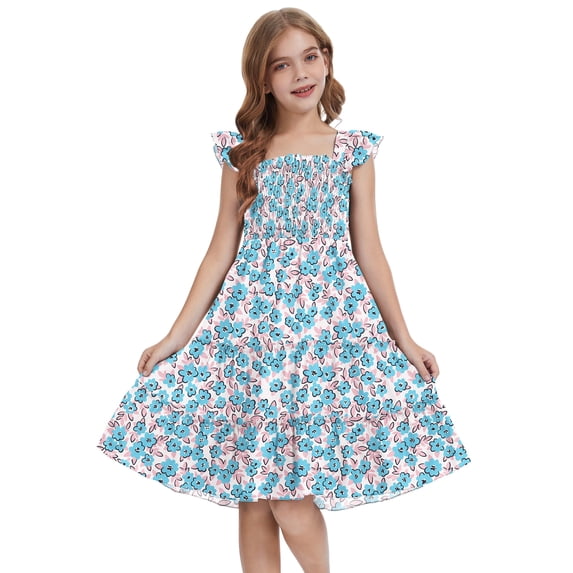 Actgleam Girls Dress Floral Ruffle Square Neck Sleeveless A-Line Sundress with Tie Back for Summer Beach Party,Blue Floral,11-12Y