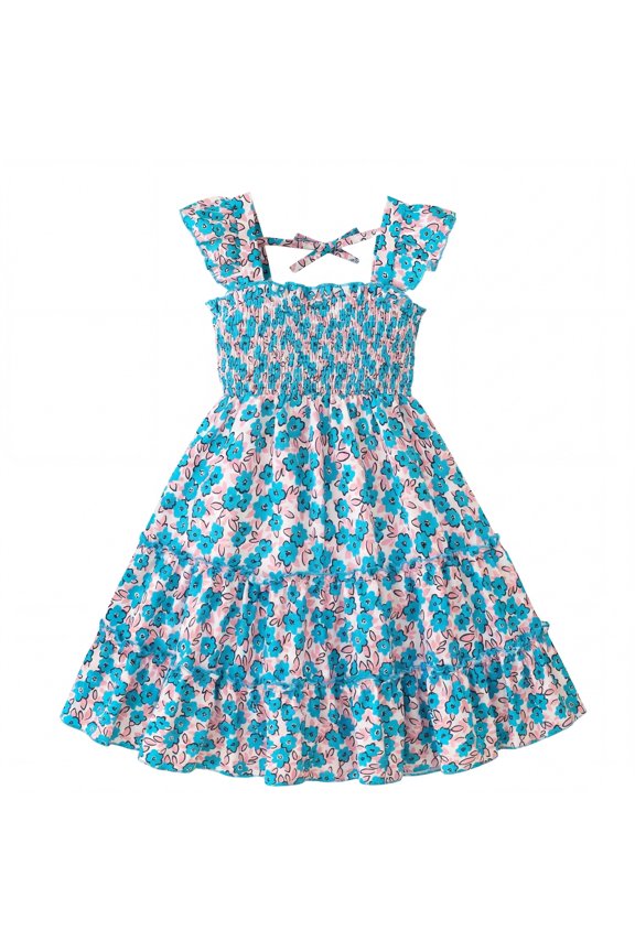 Girls Dress Floral Ruffle Square Neck Sleeveless A-Line Sundress with Tie Back for Summer Beach Party,Blue Floral,5-6Y