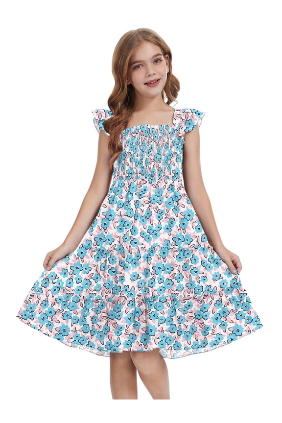 Girls Dress Floral Ruffle Square Neck Sleeveless A-Line Sundress with Tie Back for Summer Beach Party,Blue Floral,7-8Y