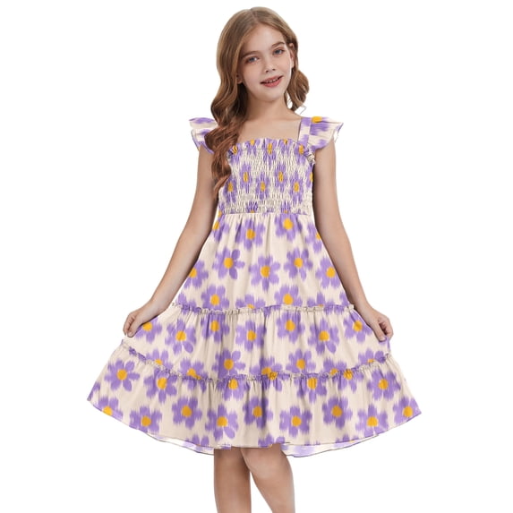 Actgleam Girls Dress Floral Ruffle Square Neck Sleeveless A-Line Sundress with Tie Back for Summer Beach Party,Purple Floral,11-12Y