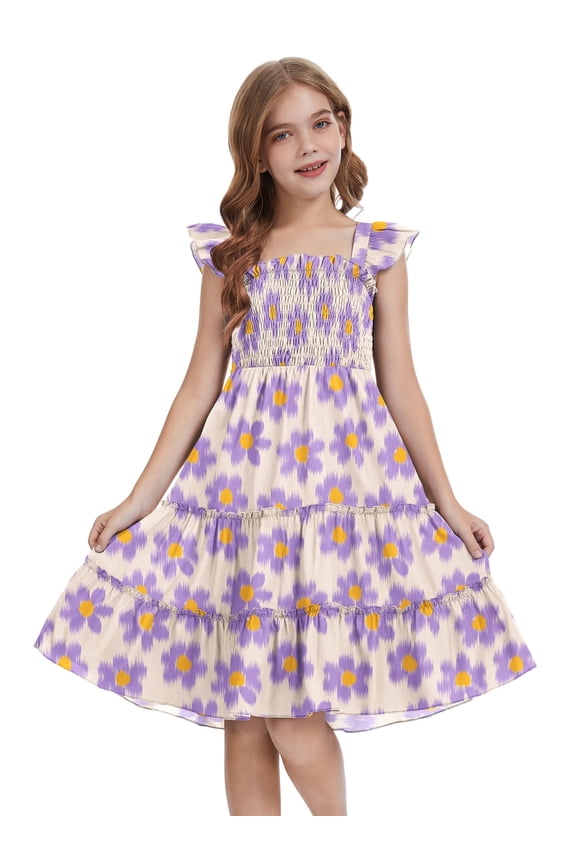 Girls Dress Floral Ruffle Square Neck Sleeveless A-Line Sundress with Tie Back for Summer Beach Party,Purple Floral,11-12Y