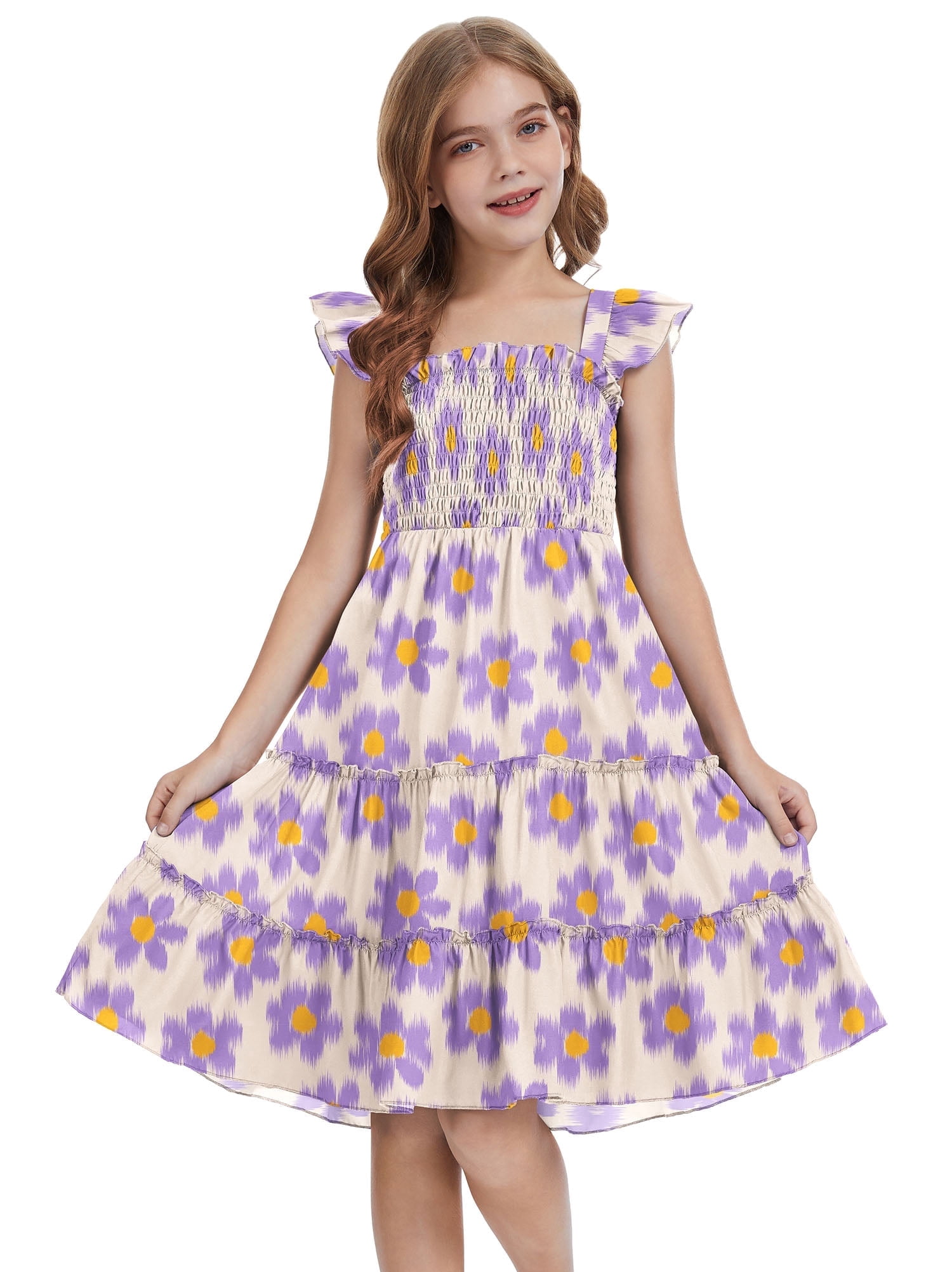 Actgleam Girls Dress Floral Ruffle Square Neck Sleeveless A-Line ...