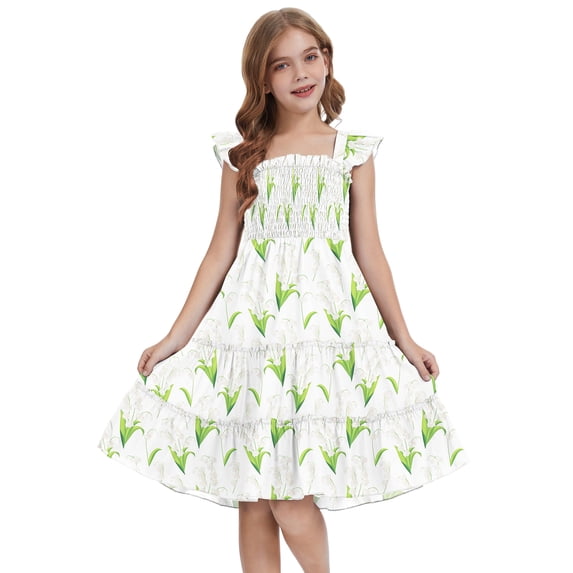 Actgleam Girls Dress Floral Ruffle Square Neck Sleeveless A-Line Sundress with Tie Back for Summer Beach Party,Spring Sprout,11-12Y