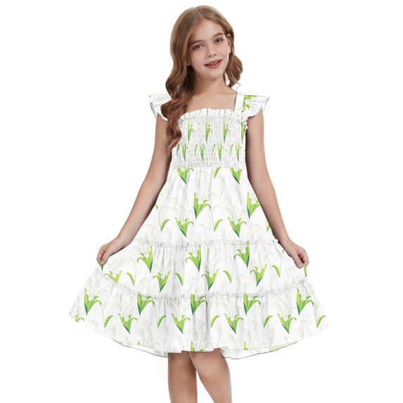 Actgleam Girls Dress Floral Ruffle Square Neck Sleeveless A-Line Sundress with Tie Back for Summer Beach Party,Spring Sprout,11-12Y