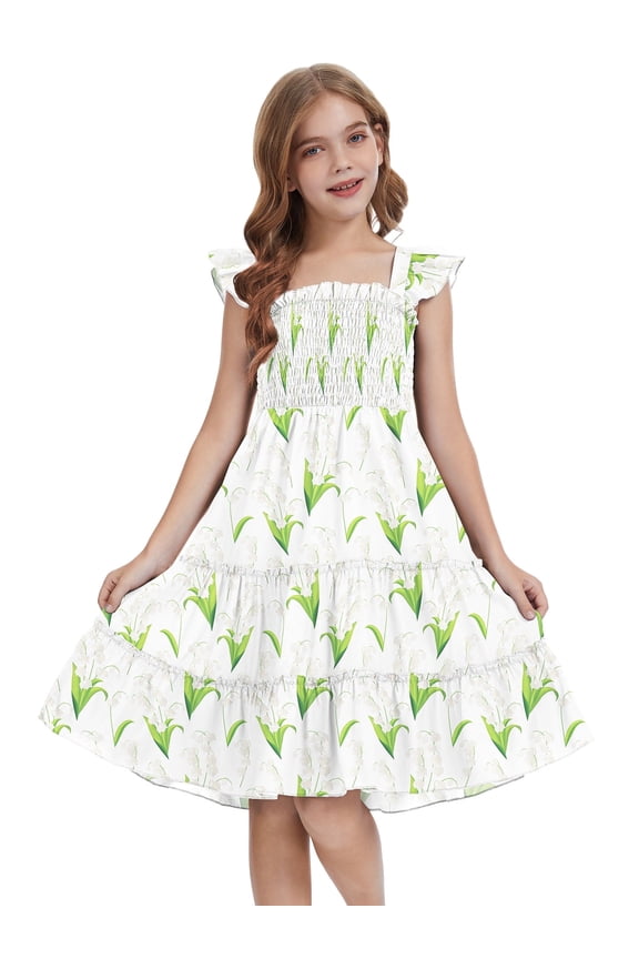 Girls Dress Floral Ruffle Square Neck Sleeveless A-Line Sundress with Tie Back for Summer Beach Party,Spring Sprout,9-10Y