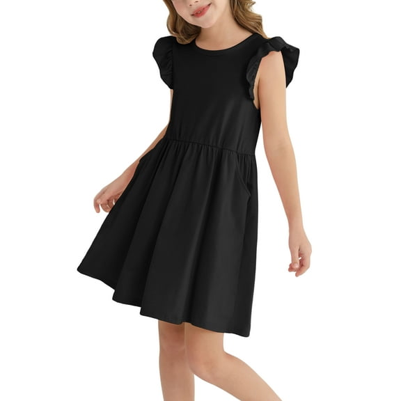Actgleam Girls Dresses Ruffle Sleeveless A-Line Cute Summer Dresses with Pockets,Black,7-8Y