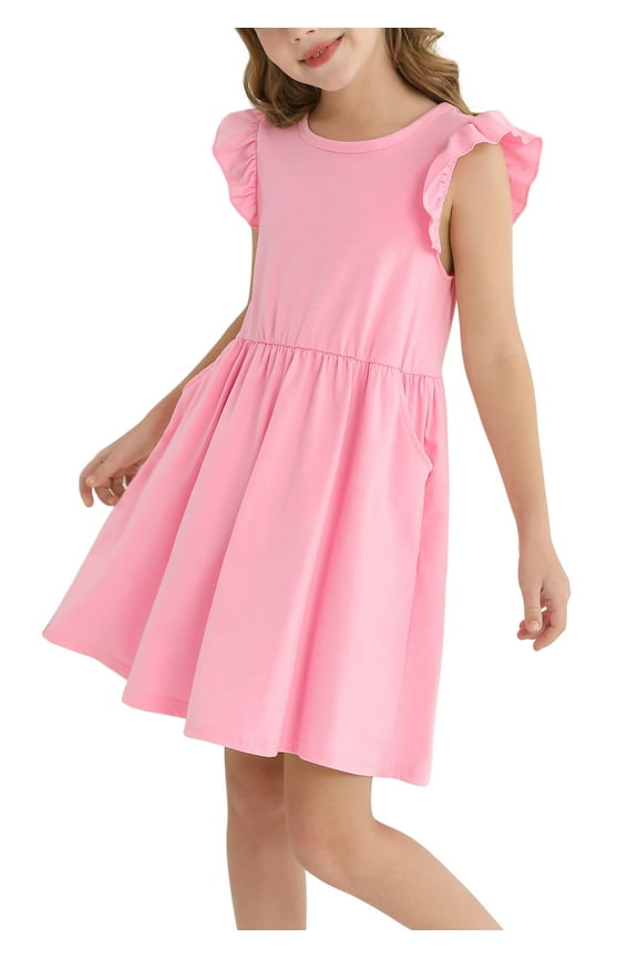 Girls Dresses Ruffle Sleeveless A-Line Cute Summer Dresses with Pockets,Pink,11-12Y