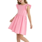 Actgleam Girls Dresses Ruffle Sleeveless A-Line Cute Summer Dresses with Pockets,Pink,5-6Y