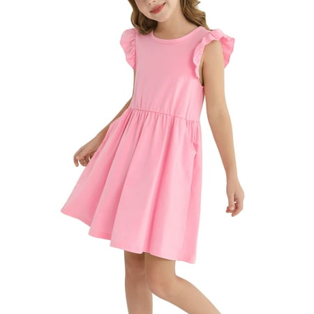 Actgleam Girls Dresses Ruffle Sleeveless A-Line Cute Summer Dresses with Pockets,Pink,5-6Y