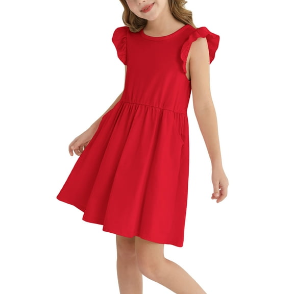 Actgleam Girls Dresses Ruffle Sleeveless A-Line Cute Summer Dresses with Pockets,Red,7-8Y