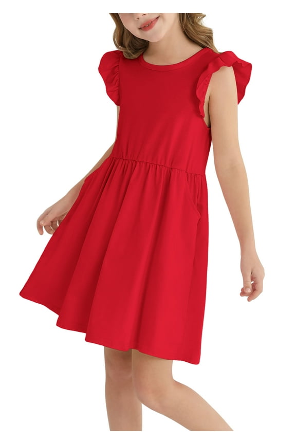 Girls Dresses Ruffle Sleeveless A-Line Cute Summer Dresses with Pockets,Red,7-8Y