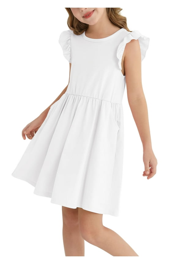 Girls Dresses Ruffle Sleeveless A-Line Cute Summer Dresses with Pockets,White,7-8Y
