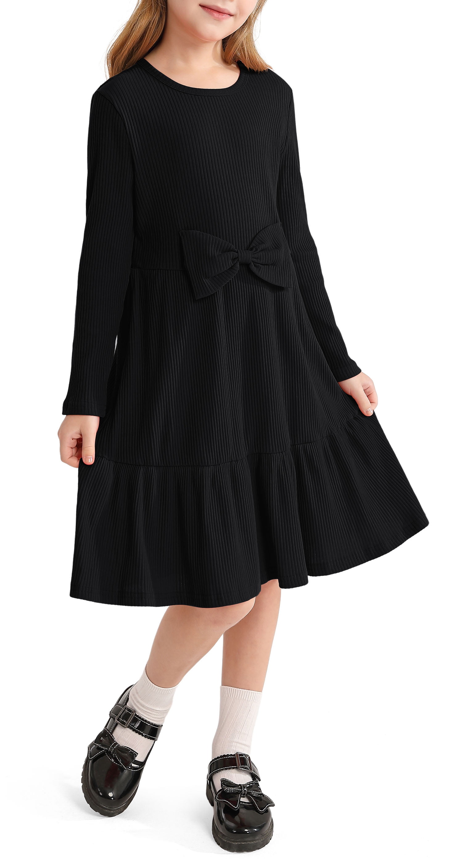 Actgleam Girls Long Sleeve Dress A line Bow Tie School Party Dress,Black,7-8Years