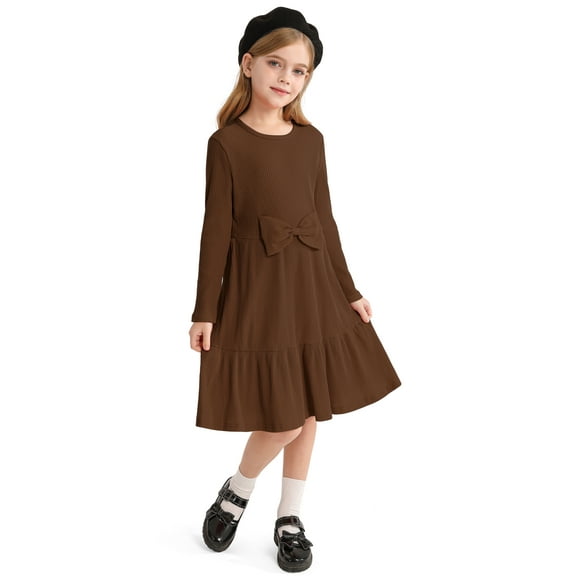 Actgleam Girls Long Sleeve Dress A line Bow Tie School Party Dress,Dark Brown,11-12Years