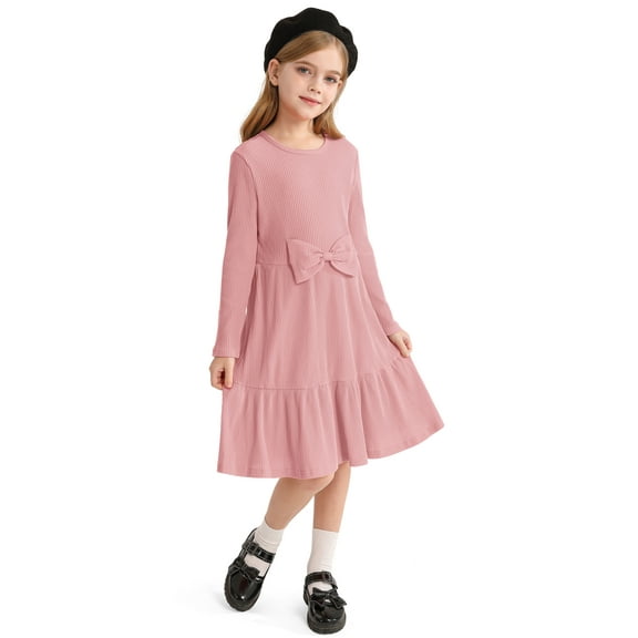 Actgleam Girls Long Sleeve Dress A line Bow Tie School Party Dress,Pink,5-6Years