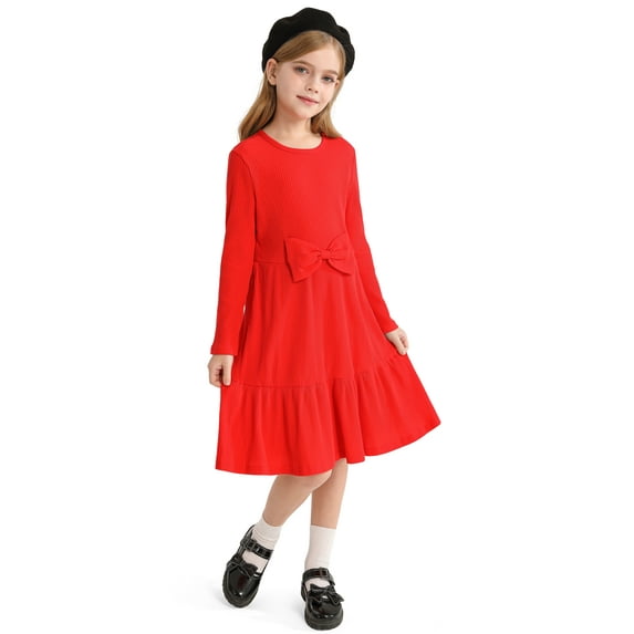 Actgleam Girls Christmas Long Sleeve Dress A line Bow Tie School Party Dress,Red,11-12Years