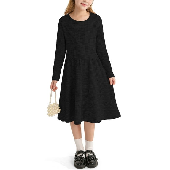 Actgleam Girls Long Sleeve Dress Round Neck A-line Casual Cute Knit Waffle Dresses for Girls,Black,6-7Years