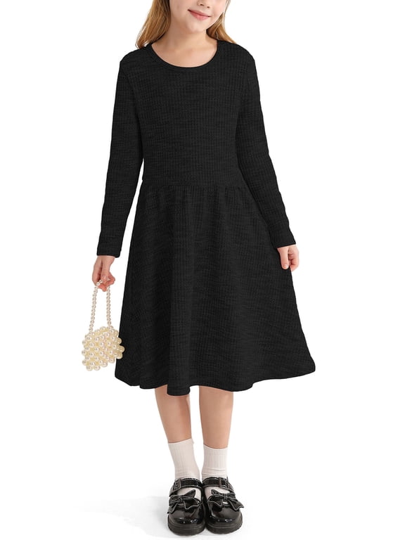 Girls Long Sleeve Dress Round Neck A-line Casual Cute Knit Waffle Dresses for Girls,Black,5-11Years