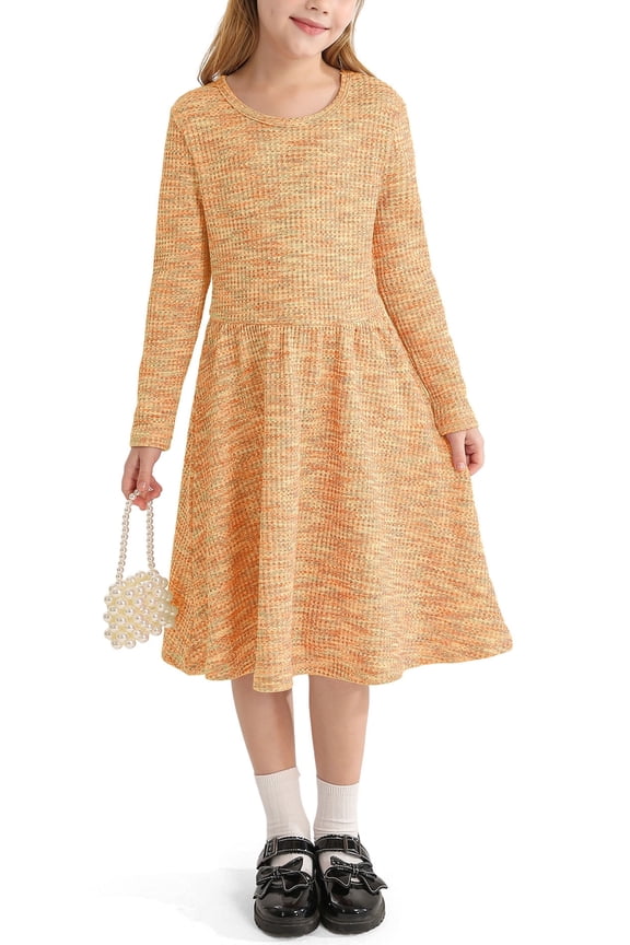 Girls Long Sleeve Dress Round Neck A-line Casual Cute Knit Waffle Dresses for Girls,Orange,6-7Years