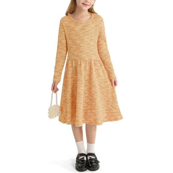 Actgleam Girls Long Sleeve Dress Round Neck A-line Casual Cute Knit Waffle Dresses for Girls,Orange,6-7Years