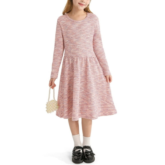 Actgleam Girls Long Sleeve Dress Round Neck A-line Casual Cute Knit Waffle Dresses for Girls,Pink Purple,6-7Years