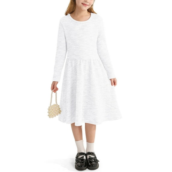 Actgleam Girls Long Sleeve Dress Round Neck A-line Casual Cute Knit Waffle Dresses for Girls,White,9-10Years