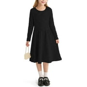 Actgleam Girls Long Sleeve Dress Round Neck A-line Casual Cute Knit Waffle Dresses for Girls,Black